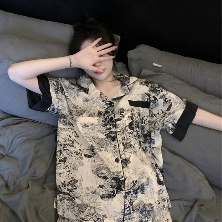 Bộ Đồ Ngủ Tay Ngắn Dáng Rộng In Họa Tiết Màu Sắc Ngọt Ngào Thời Trang Mùa Hè Cho Nữ