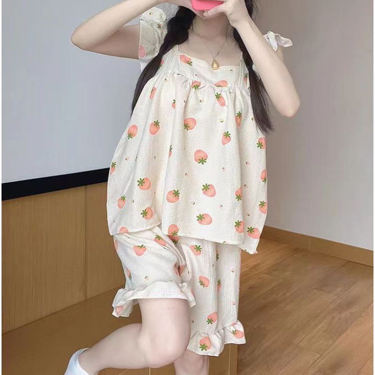 Bộ Đồ Ngủ Sát Nách Phối Bèo Phong Cách Phương Tây Thời Trang Mùa Hè Cho Nữ