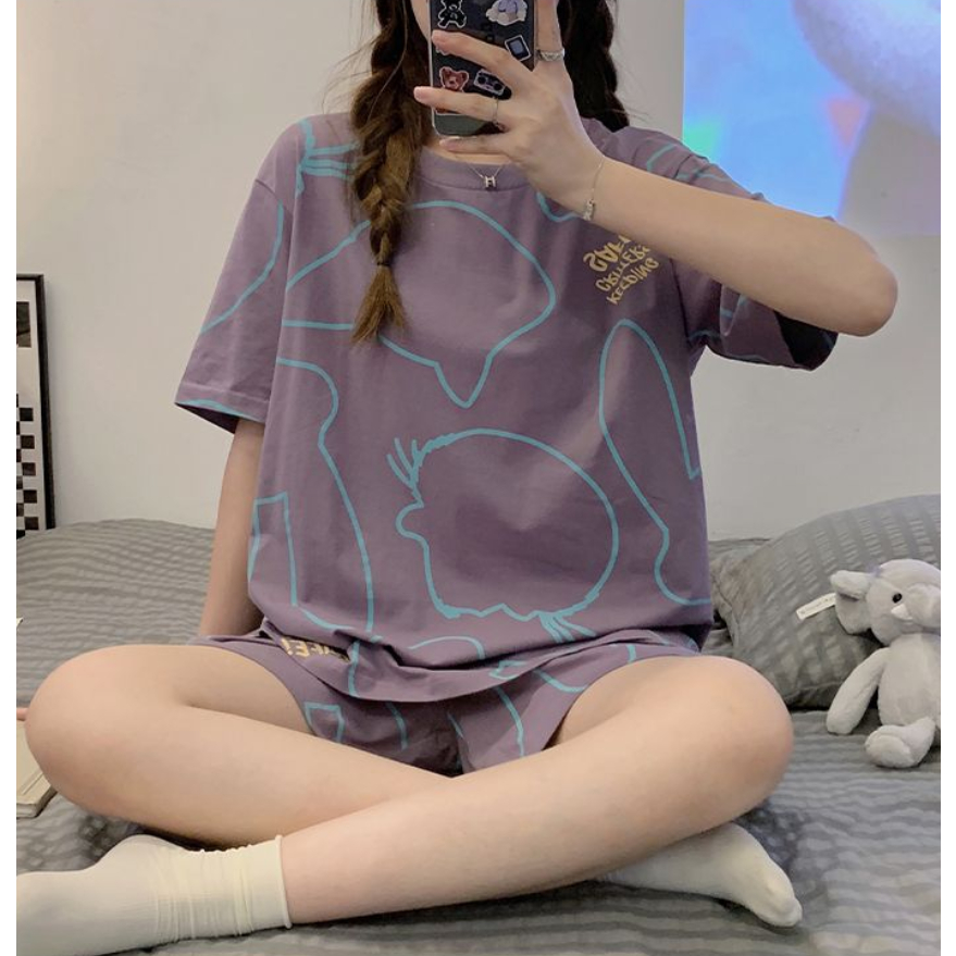 Bộ Đồ Ngủ Tay Ngắn Dáng Rộng In Họa Tiết Hoạt Hình Phong Cách Hàn Quốc Thời Trang Mùa Hè Cho Nữ