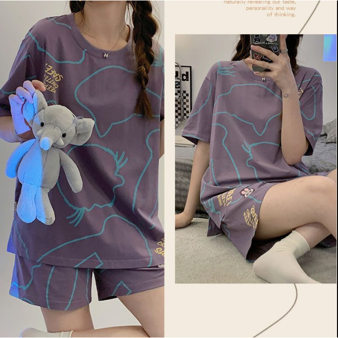 Bộ Đồ Ngủ Tay Ngắn Dáng Rộng In Họa Tiết Hoạt Hình Phong Cách Hàn Quốc Thời Trang Mùa Hè Cho Nữ