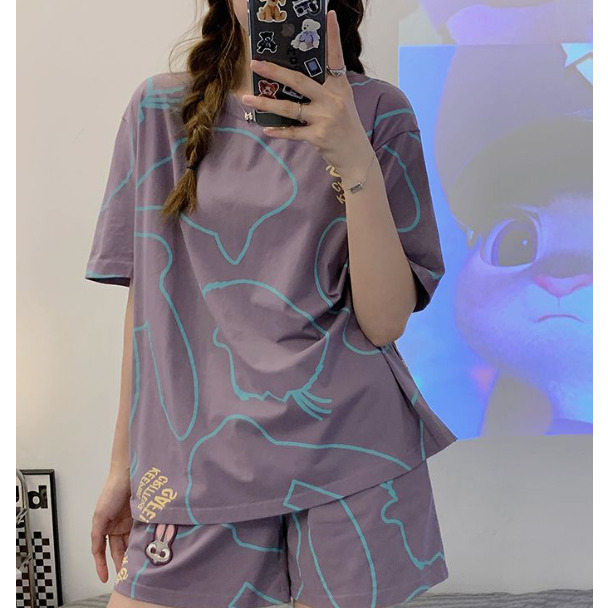 Bộ Đồ Ngủ Tay Ngắn Dáng Rộng In Họa Tiết Hoạt Hình Phong Cách Hàn Quốc Thời Trang Mùa Hè Cho Nữ