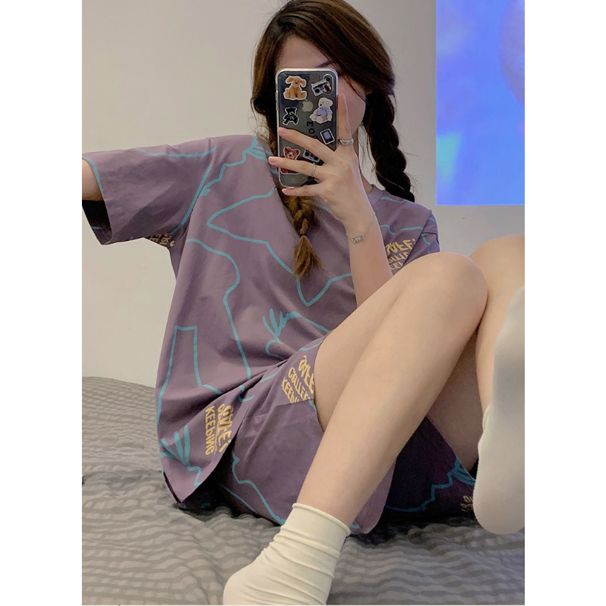 Bộ Đồ Ngủ Tay Ngắn Dáng Rộng In Họa Tiết Hoạt Hình Phong Cách Hàn Quốc Thời Trang Mùa Hè Cho Nữ