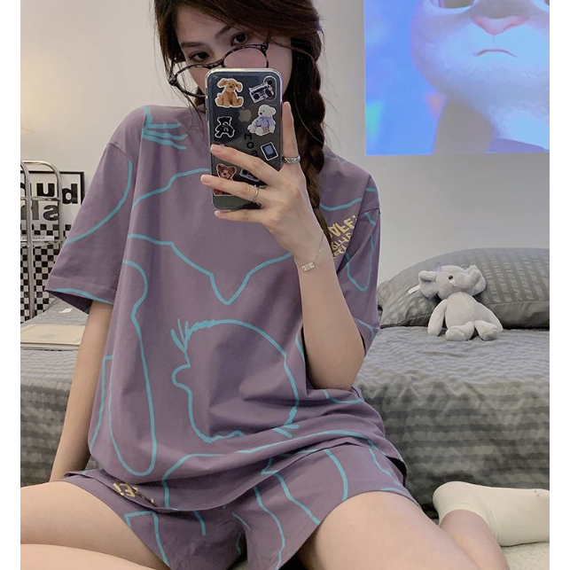 Bộ Đồ Ngủ Tay Ngắn Dáng Rộng In Họa Tiết Hoạt Hình Phong Cách Hàn Quốc Thời Trang Mùa Hè Cho Nữ