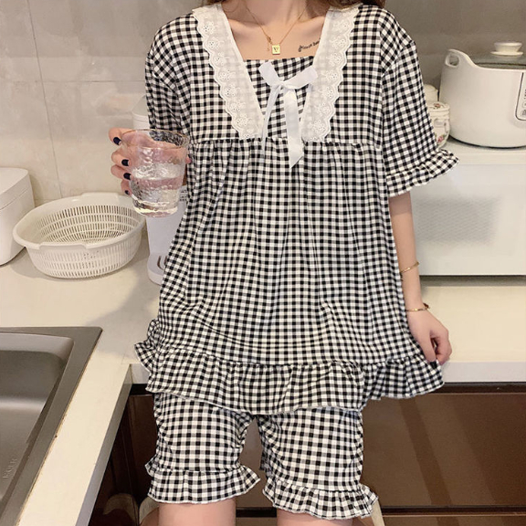 Bộ Đồ Ngủ Áo Tay Ngắn Phối Quần Short Họa Tiết Caro Dễ Thương Phong Cách Hàn Quốc Thời Trang Mùa Hè Cho Nữ
