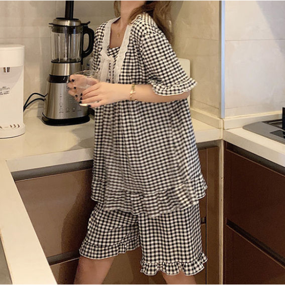 Bộ Đồ Ngủ Áo Tay Ngắn Phối Quần Short Họa Tiết Caro Dễ Thương Phong Cách Hàn Quốc Thời Trang Mùa Hè Cho Nữ