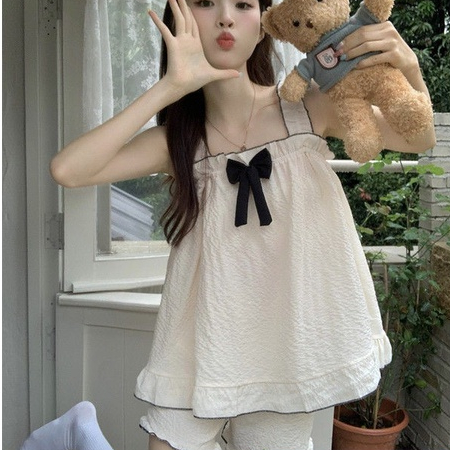 Bộ Đồ Ngủ Hai Dây Màu Trắng Đen Phong Cách Nhật Bản Dễ Thương Thời Trang Mùa Hè Cho Nữ