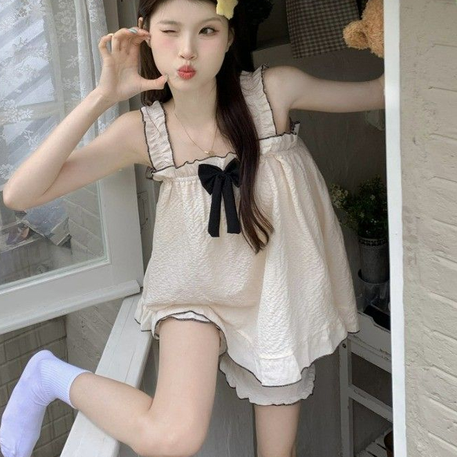 Bộ Đồ Ngủ Hai Dây Màu Trắng Đen Phong Cách Nhật Bản Dễ Thương Thời Trang Mùa Hè Cho Nữ