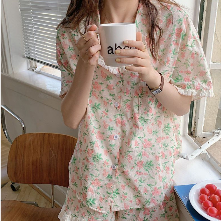 Bộ Đồ Ngủ Tay Ngắn Phối Bèo Nhún Thời Trang Mùa Hè Xinh Xắn Cho Nữ
