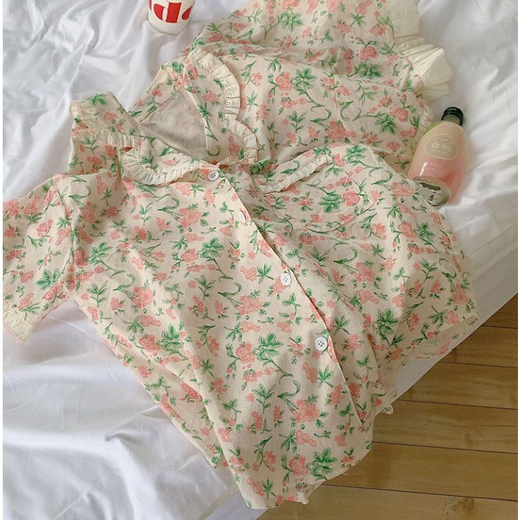 Bộ Đồ Ngủ Tay Ngắn Phối Bèo Nhún Thời Trang Mùa Hè Xinh Xắn Cho Nữ