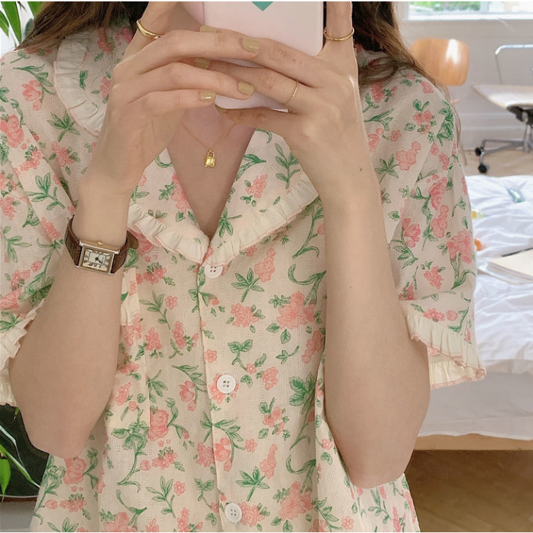 Bộ Đồ Ngủ Tay Ngắn Phối Bèo Nhún Thời Trang Mùa Hè Xinh Xắn Cho Nữ