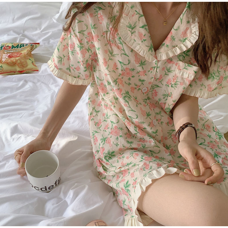 Bộ Đồ Ngủ Tay Ngắn Phối Bèo Nhún Thời Trang Mùa Hè Xinh Xắn Cho Nữ