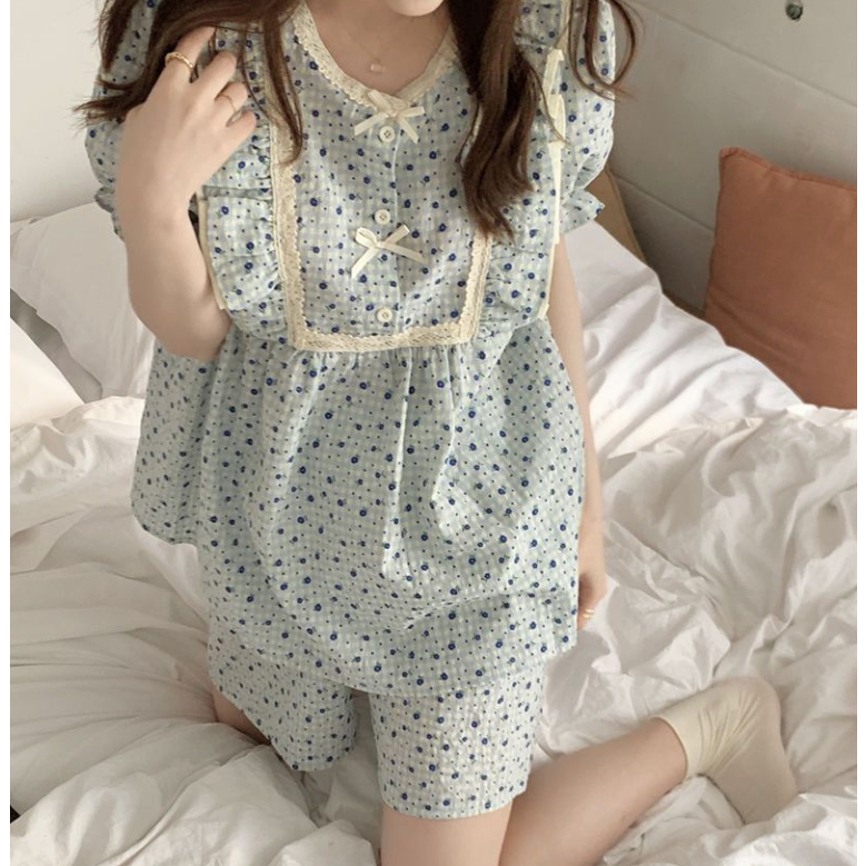 Bộ Đồ Ngủ Áo Tay Ngắn Phối Quần Short In Hoa Đính Nơ Thời Trang Mùa Hè Cho Nữ