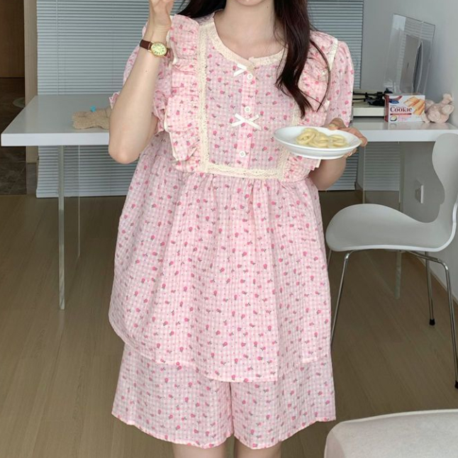 Bộ Đồ Ngủ Áo Tay Ngắn Phối Quần Short In Hoa Đính Nơ Thời Trang Mùa Hè Cho Nữ