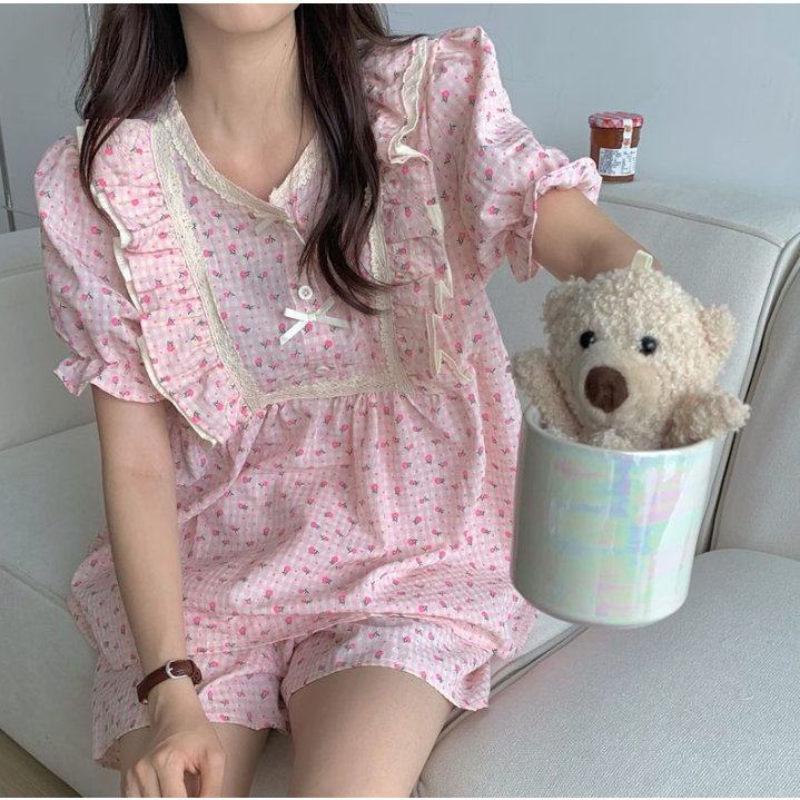 Bộ Đồ Ngủ Áo Tay Ngắn Phối Quần Short In Hoa Đính Nơ Thời Trang Mùa Hè Cho Nữ