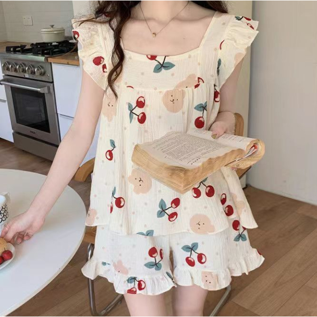 Bộ Đồ Ngủ Áo Tay Ngắn Phối Quần Short Dáng Rộng Thời Trang Mùa Hè Nhật Bản Xinh Xắn Cho Nữ
