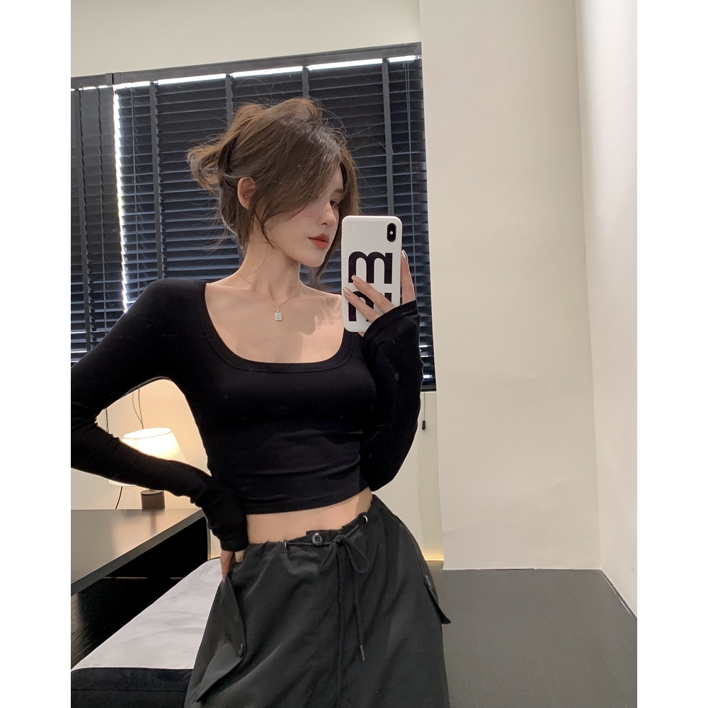 QKOOLE   Áo Thun cotton Mỏng Tay Dài Cổ Chữ U Dáng Ôm Co Giãn Thời Trang Mùa Hè Dành Cho Nữ