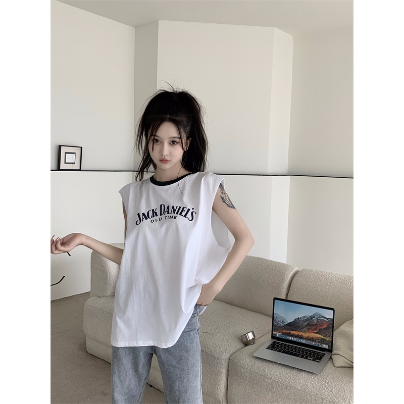 Áo Thun Sát Nách Dáng Rộng In Chữ Cái Phong Cách Mỹ Thời Trang Cho Nữ