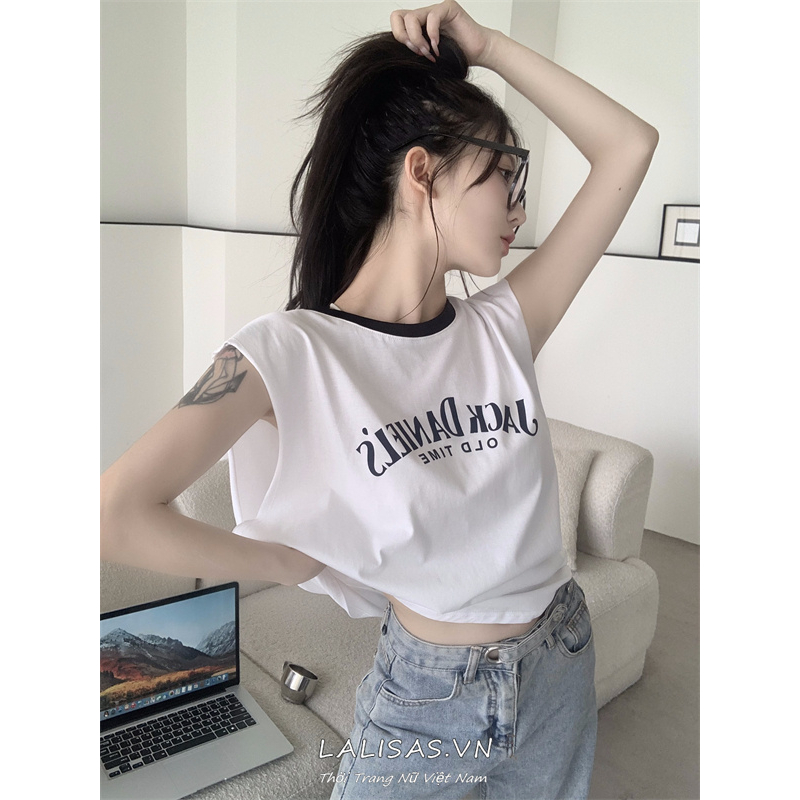 Áo Thun Sát Nách Dáng Rộng In Chữ Cái Phong Cách Mỹ Thời Trang Cho Nữ