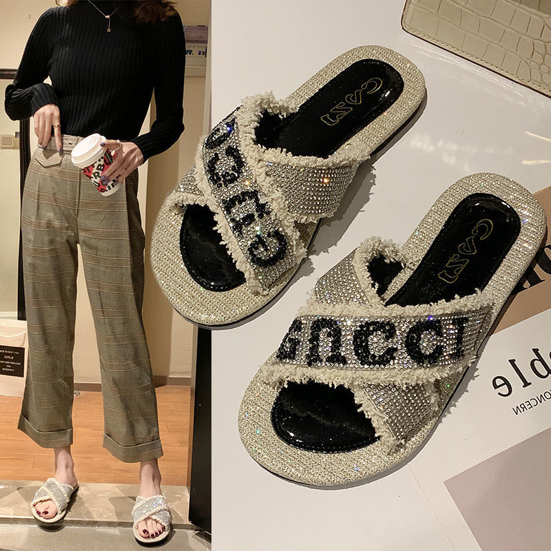 Sandal Đế Bệt Thoải Mái Đính Đá Chữ Thời Trang Mới Cỡ 35-40 yards