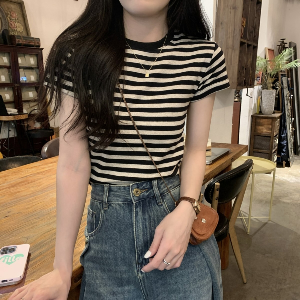 ZHELIHANGFEI Áo Dệt Kim Ngắn Tay Lưng Cao Họa Tiết Kẻ Sọc Phong Cách Preppy Ngọt Ngào