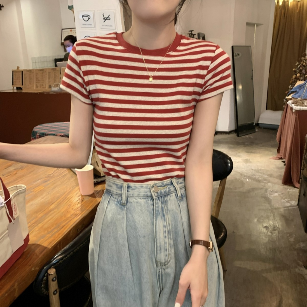 ZHELIHANGFEI Áo Dệt Kim Ngắn Tay Lưng Cao Họa Tiết Kẻ Sọc Phong Cách Preppy Ngọt Ngào