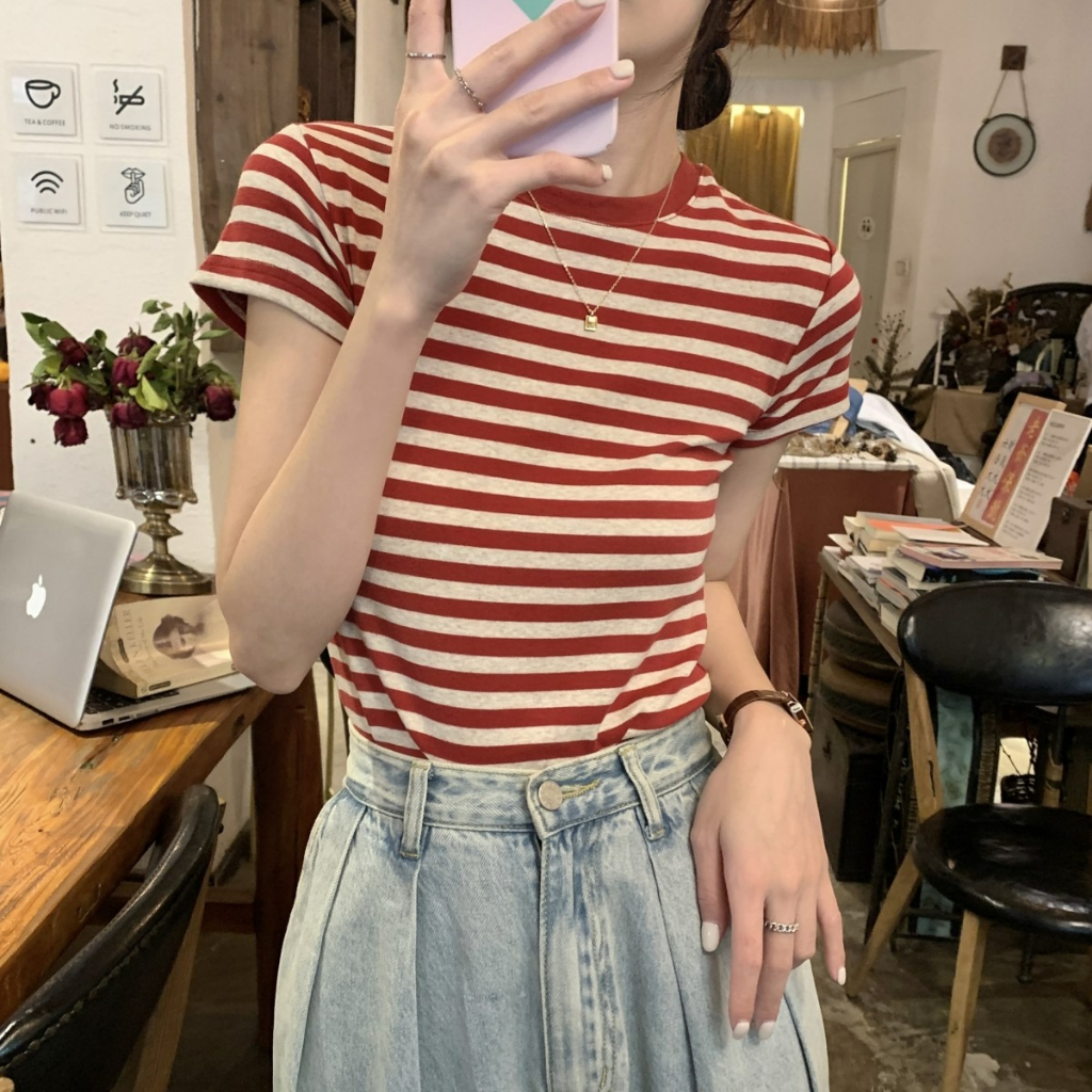 ZHELIHANGFEI Áo Dệt Kim Ngắn Tay Lưng Cao Họa Tiết Kẻ Sọc Phong Cách Preppy Ngọt Ngào