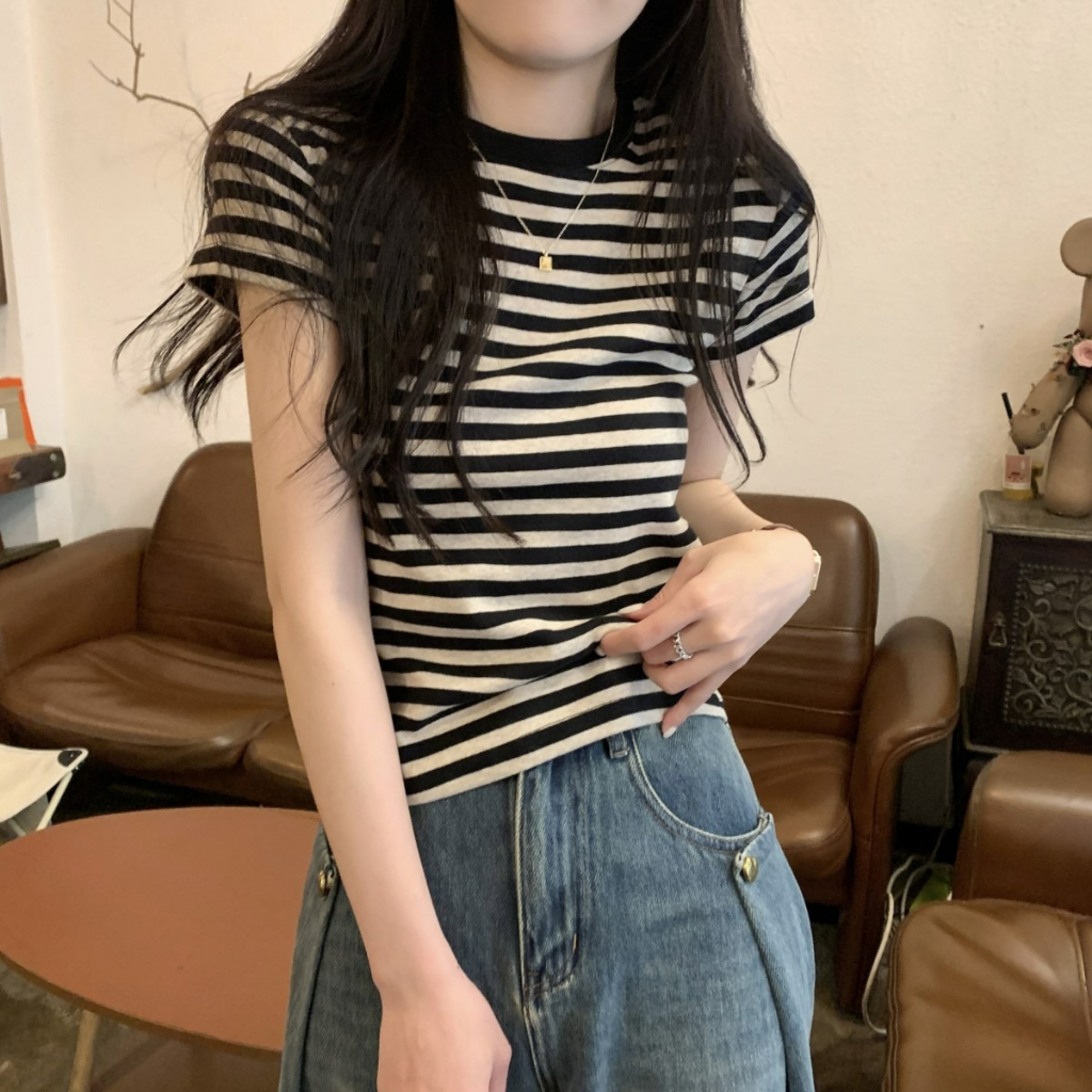 ZHELIHANGFEI Áo Dệt Kim Ngắn Tay Lưng Cao Họa Tiết Kẻ Sọc Phong Cách Preppy Ngọt Ngào