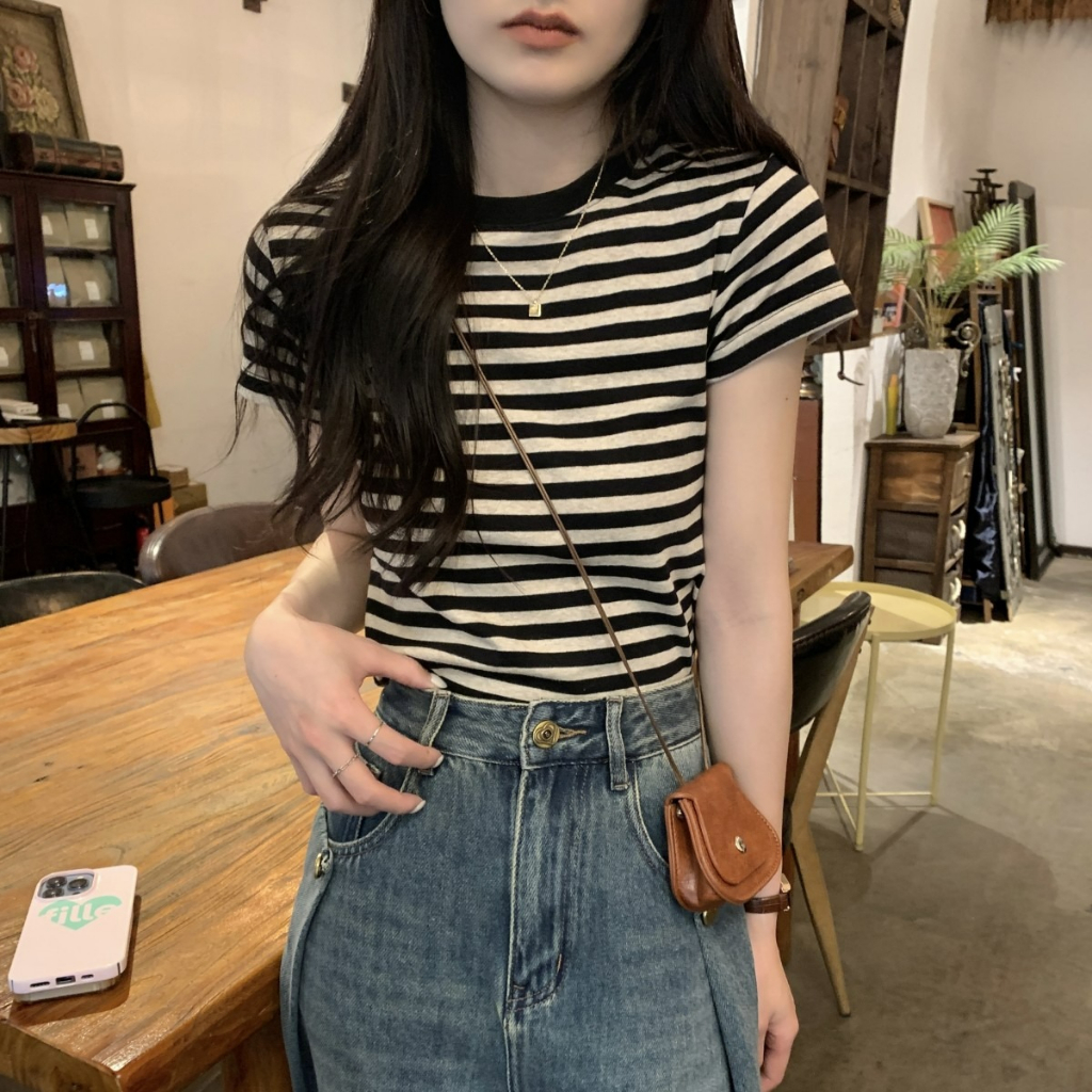 ZHELIHANGFEI Áo Dệt Kim Ngắn Tay Lưng Cao Họa Tiết Kẻ Sọc Phong Cách Preppy Ngọt Ngào