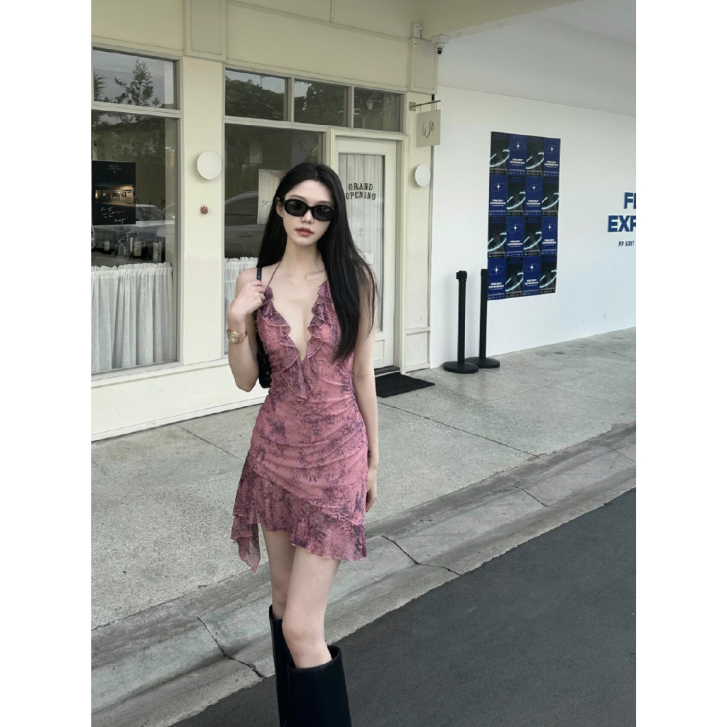 Đầm Quấn Cổ In Hoa Y2K Kiểu Pháp