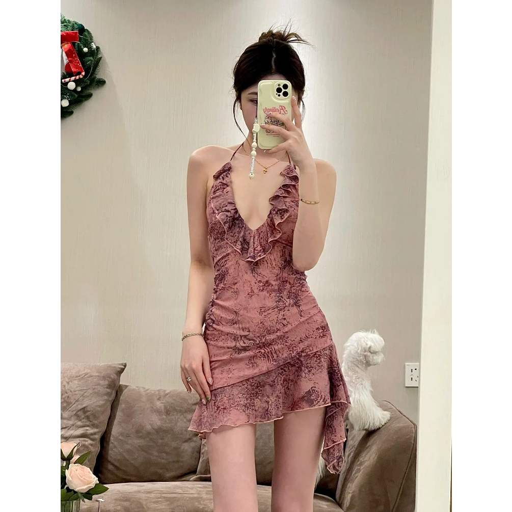 Đầm Quấn Cổ In Hoa Y2K Kiểu Pháp