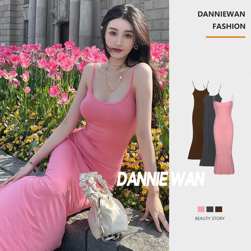 DannieWan đầm body đầm nữ váy 2 dây váy hồng A22M1EF