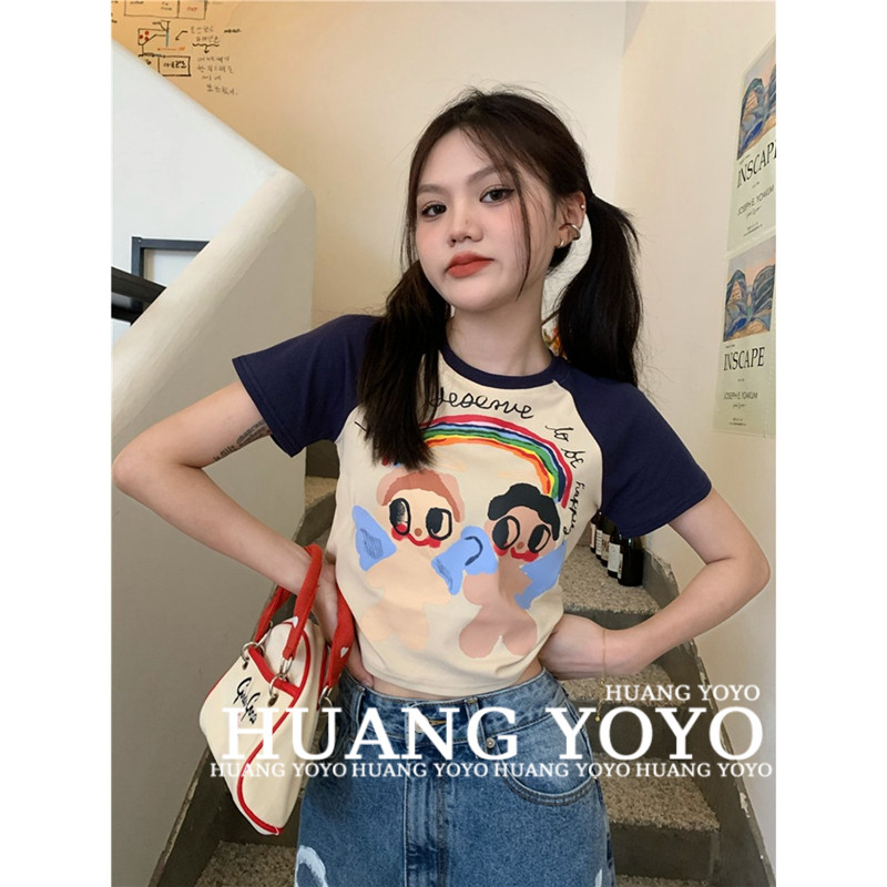 HUANG YOYO Áo Thun Ngắn Tay Họa Tiết Hoạt Hình Thời Trang Mùa Hè Cho Nữ