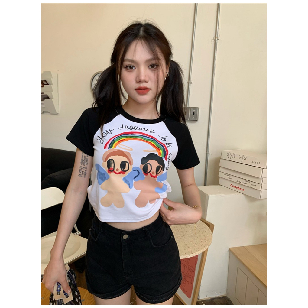 HUANG YOYO Áo Thun Ngắn Tay Họa Tiết Hoạt Hình Thời Trang Mùa Hè Cho Nữ