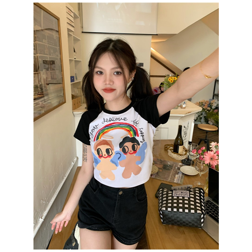 HUANG YOYO Áo Thun Ngắn Tay Họa Tiết Hoạt Hình Thời Trang Mùa Hè Cho Nữ