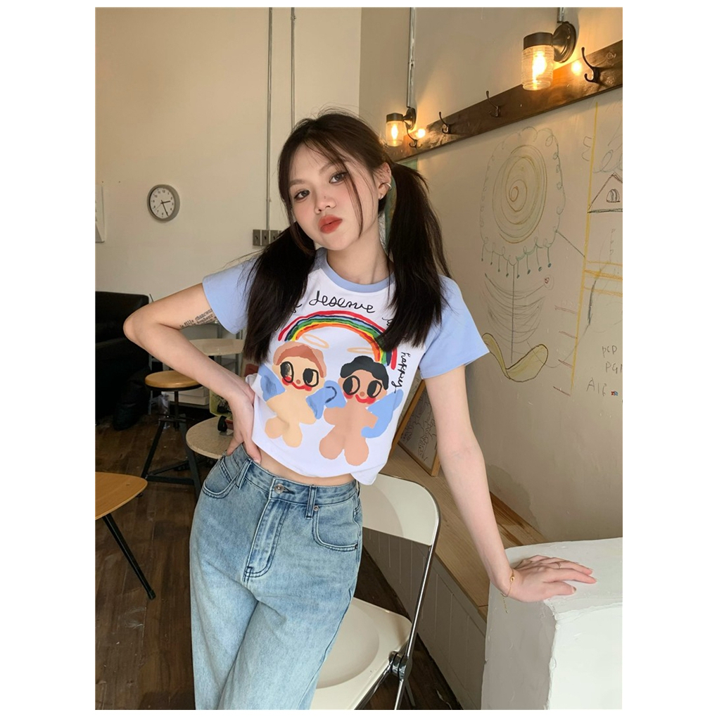 HUANG YOYO Áo Thun Ngắn Tay Họa Tiết Hoạt Hình Thời Trang Mùa Hè Cho Nữ