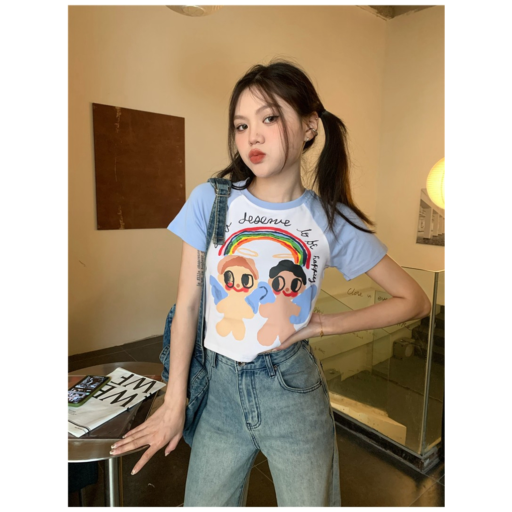 HUANG YOYO Áo Thun Ngắn Tay Họa Tiết Hoạt Hình Thời Trang Mùa Hè Cho Nữ