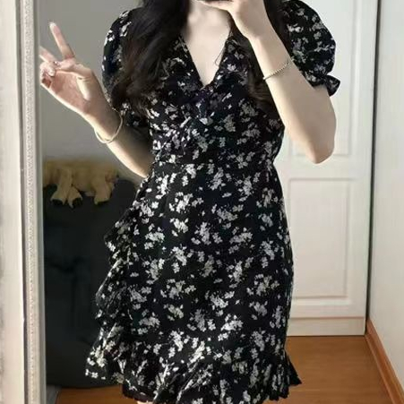 Đầm Hoa Dáng Chữ a Màu Đen Phong Cách Hàn Quốc Thời Trang Mùa Hè Xinh Xắn Cho Nữ