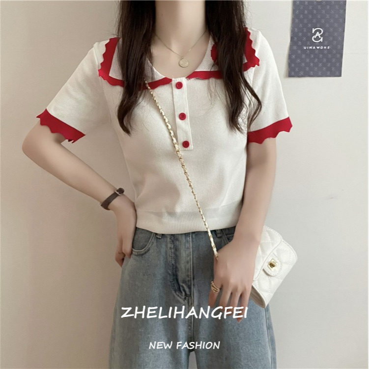 ZHELIHANGFEI Áo Dệt Kim Tay Ngắn Dáng Ôm Phong Cách Hàn Quốc Thời Trang Cho Nữ