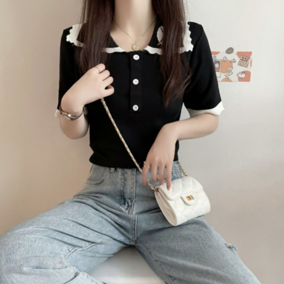ZHELIHANGFEI Áo Dệt Kim Tay Ngắn Dáng Ôm Phong Cách Hàn Quốc Thời Trang Cho Nữ