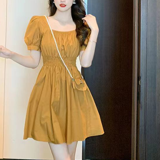 Đầm Dáng Chữ a Cổ Vuông Tay Phồng Ôm Eo Kiểu Pháp Thời Trang Mùa Hè Cho Nữ