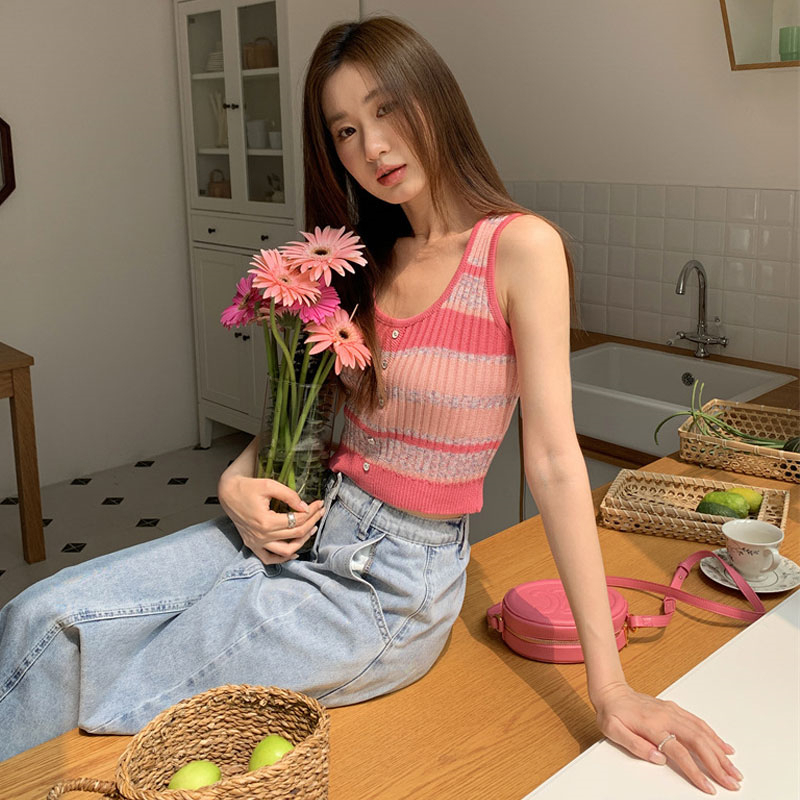 Áo Tank Top Vải Lụa Lạnh Kẻ Sọc Ngang Đính Hạt Cong Đa Năng Thời Trang Mùa Hè Cho Nữ