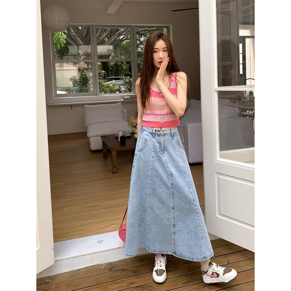 Áo Tank Top Vải Lụa Lạnh Kẻ Sọc Ngang Đính Hạt Cong Đa Năng Thời Trang Mùa Hè Cho Nữ