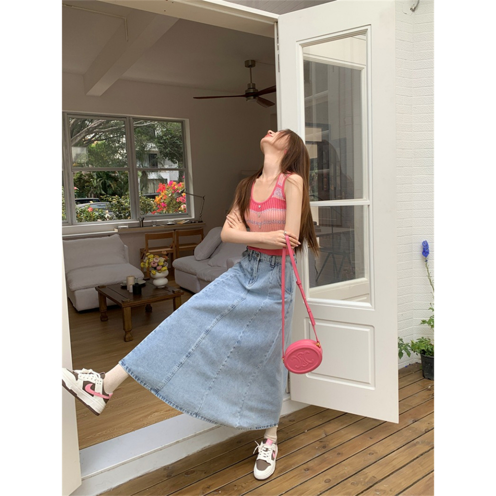 Áo Tank Top Vải Lụa Lạnh Kẻ Sọc Ngang Đính Hạt Cong Đa Năng Thời Trang Mùa Hè Cho Nữ