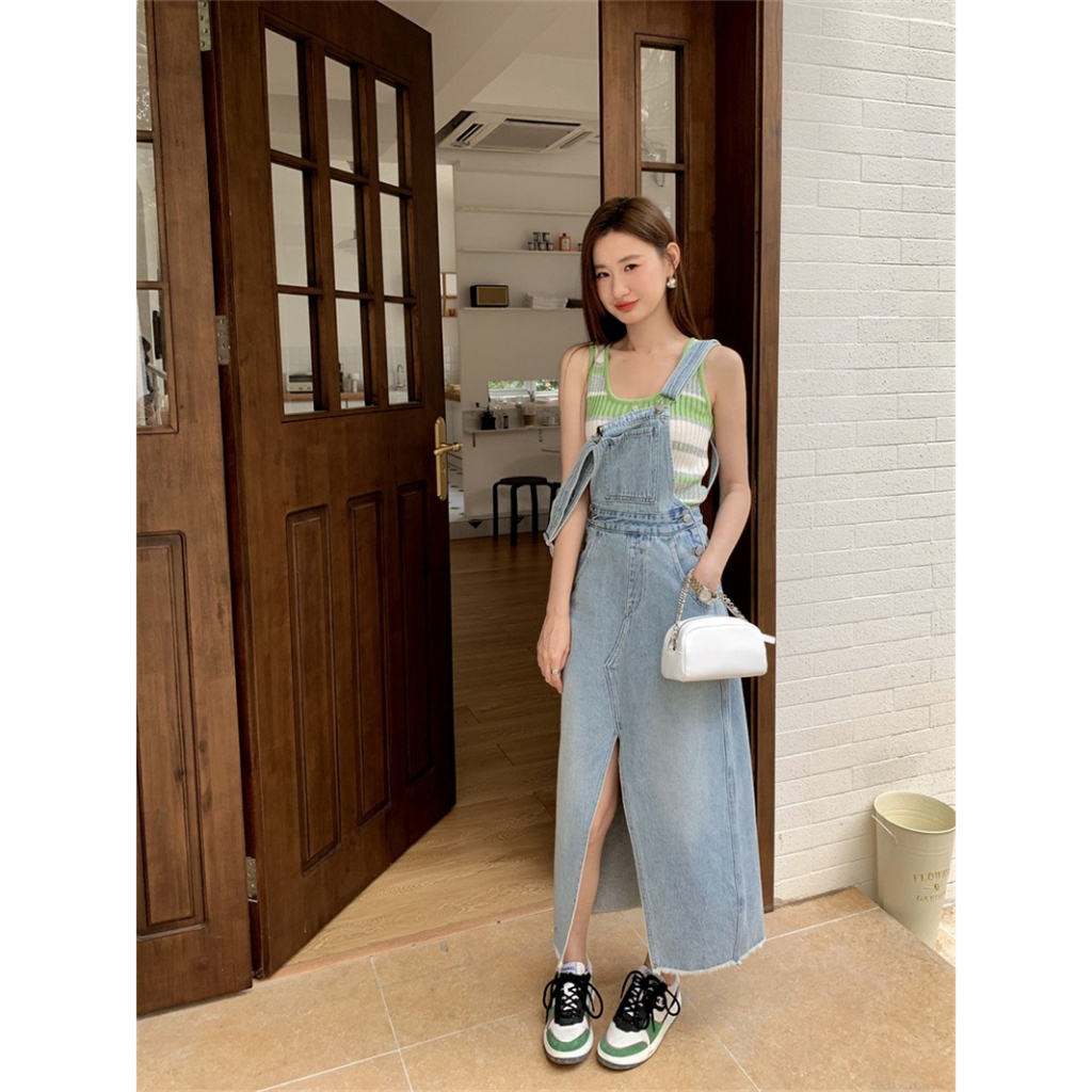 Áo Tank Top Vải Lụa Lạnh Kẻ Sọc Ngang Đính Hạt Cong Đa Năng Thời Trang Mùa Hè Cho Nữ