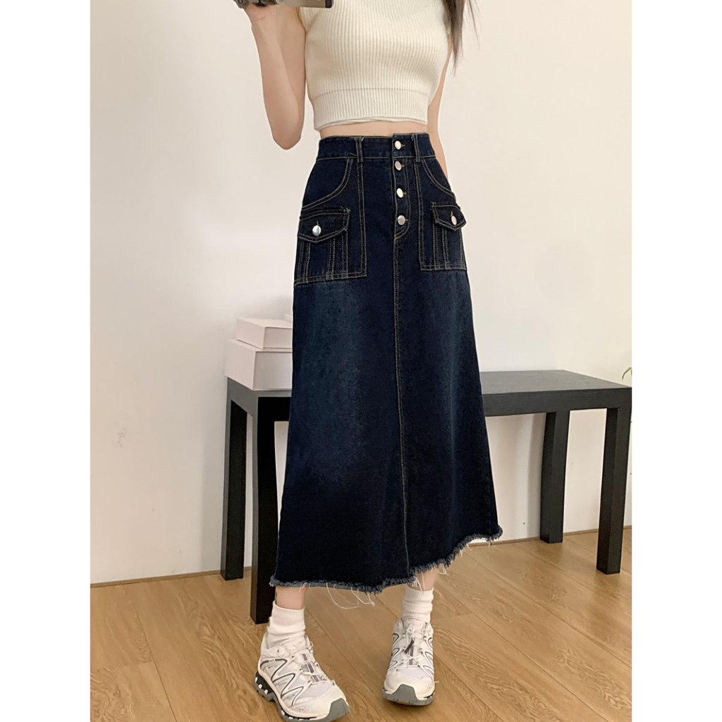 Lalisas Chân váy jean Lửng Lưng Cao Dáng Chữ A Phong Cách retro Mỹ Thời Trang Cho Nữ