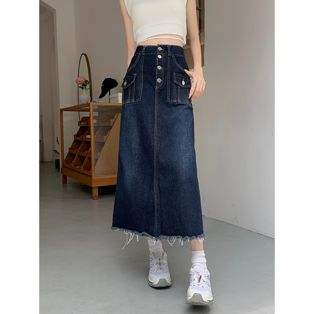 Lalisas Chân váy jean Lửng Lưng Cao Dáng Chữ A Phong Cách retro Mỹ Thời Trang Cho Nữ