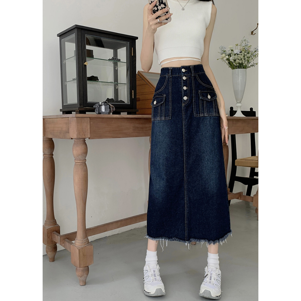 Lalisas Chân váy jean Lửng Lưng Cao Dáng Chữ A Phong Cách retro Mỹ Thời Trang Cho Nữ