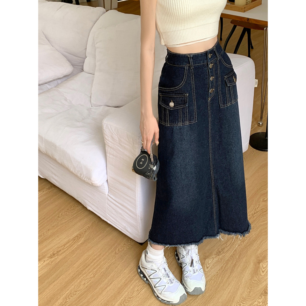 Lalisas Chân váy jean Lửng Lưng Cao Dáng Chữ A Phong Cách retro Mỹ Thời Trang Cho Nữ