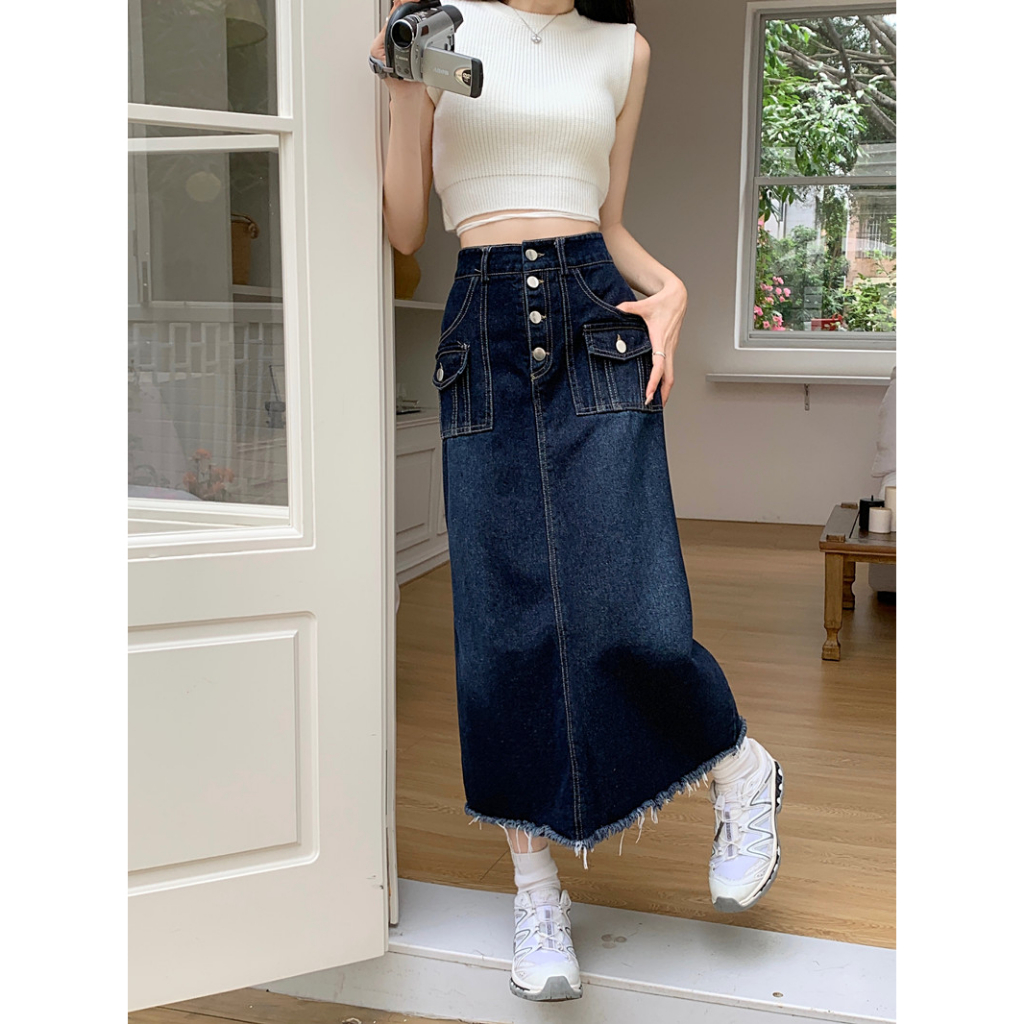 Lalisas Chân váy jean Lửng Lưng Cao Dáng Chữ A Phong Cách retro Mỹ Thời Trang Cho Nữ