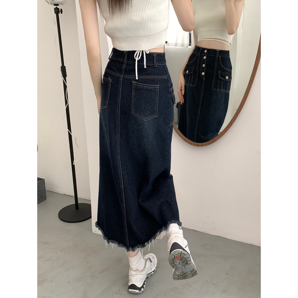 Lalisas Chân váy jean Lửng Lưng Cao Dáng Chữ A Phong Cách retro Mỹ Thời Trang Cho Nữ